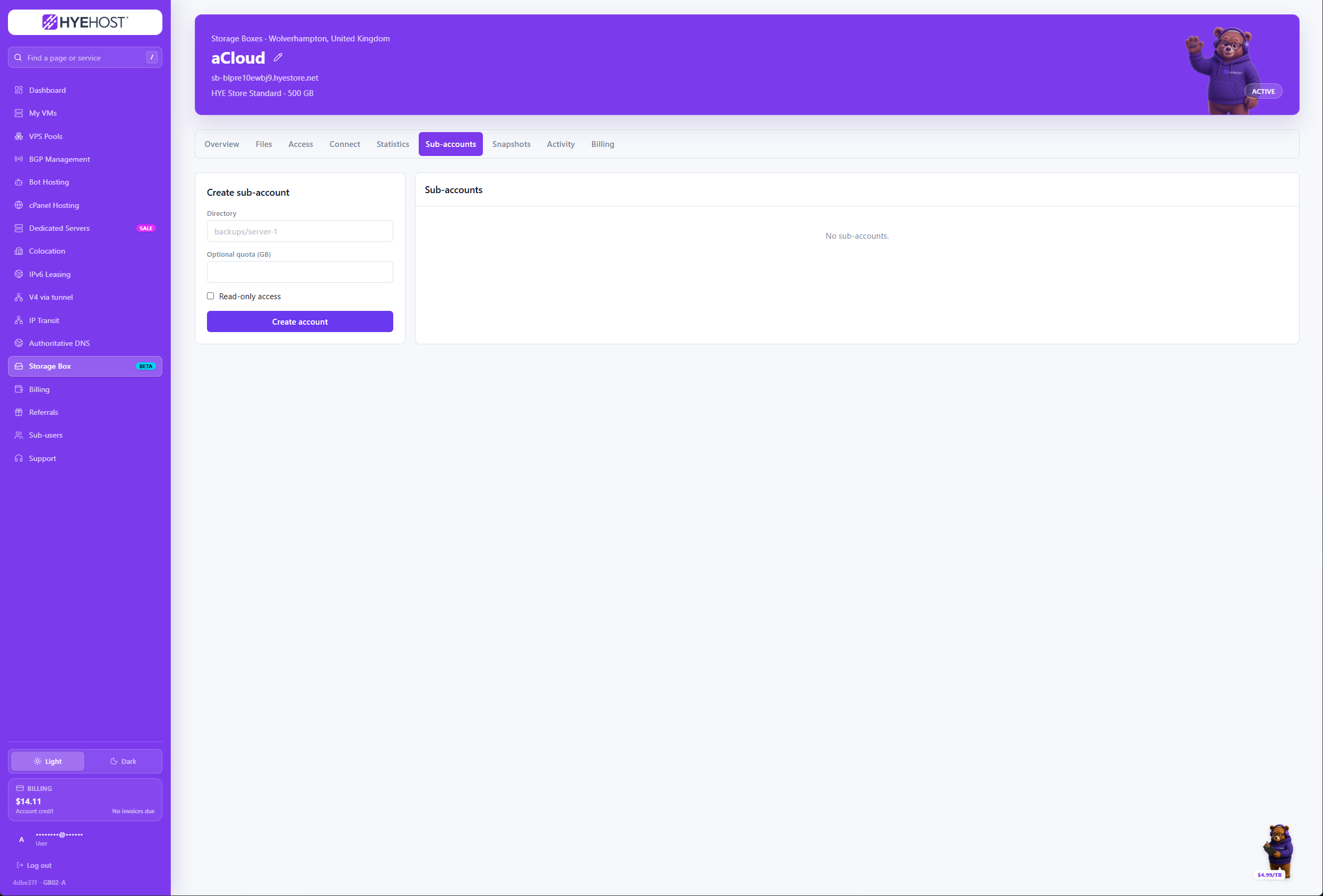 HYEHOST Storage Box sub-account management with quotas and permissions